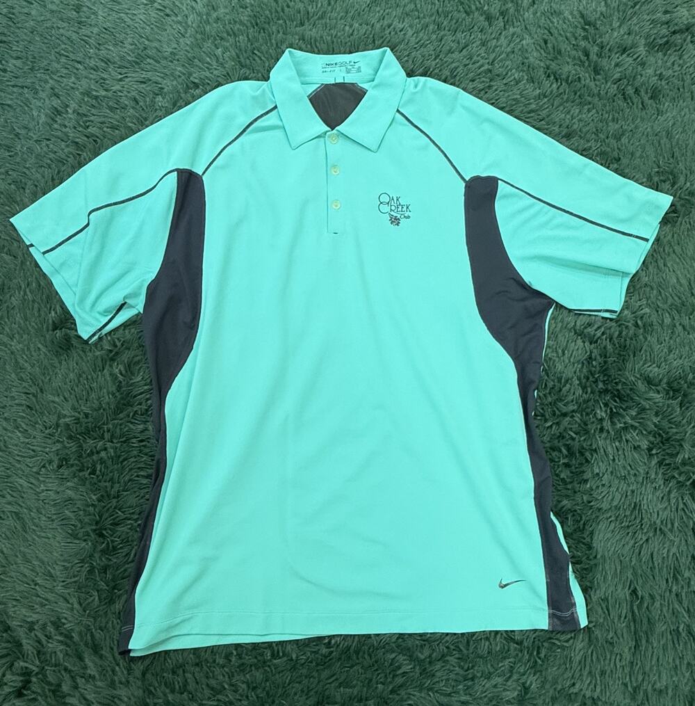 Nike Golf Dri-Fit Men's L Aqua Dark Gray Polo Shirt Oak Creek Club Embroidered